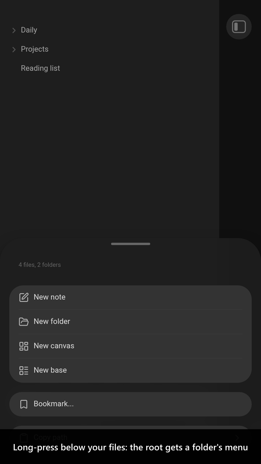 Long-press below your files: the root gets a folder's menu