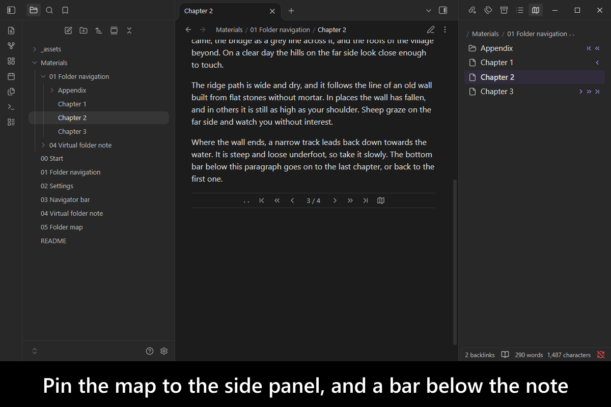 Pin the map to the side panel, and a bar below the note