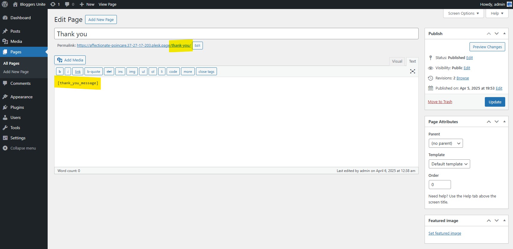 Thank you page Alt text