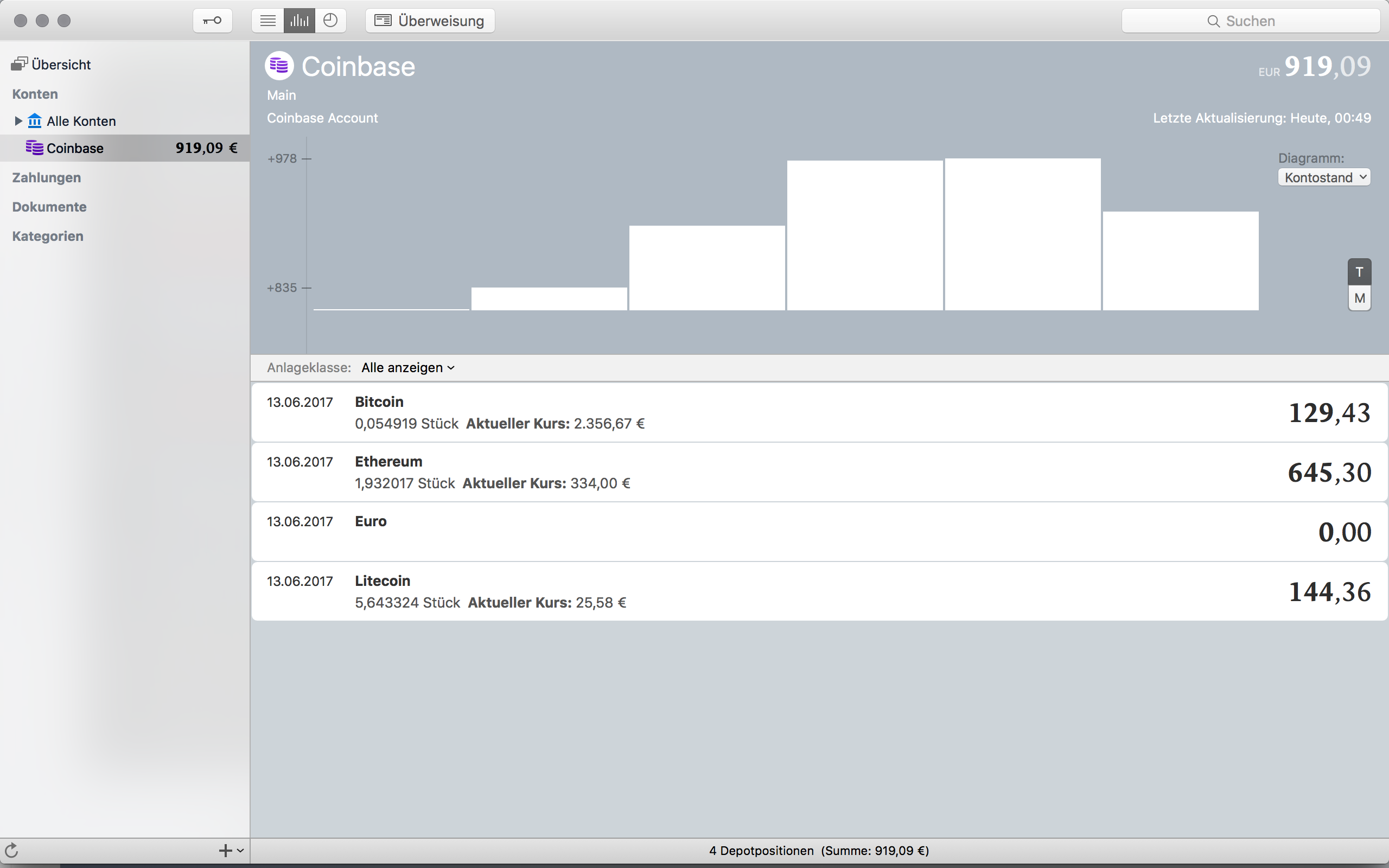 MoneyMoney screenshot with Coinbase balances