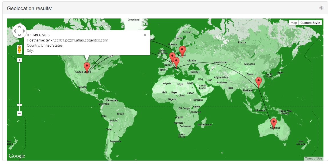  geolocation map for thepeak.com.hk after traceroute 