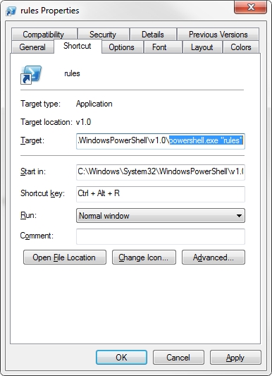 powershell rules shortcut