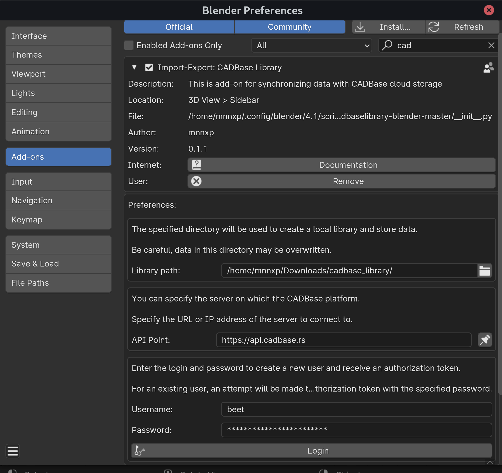 CADBase Library add-on and its settings in the Blender Add-ons