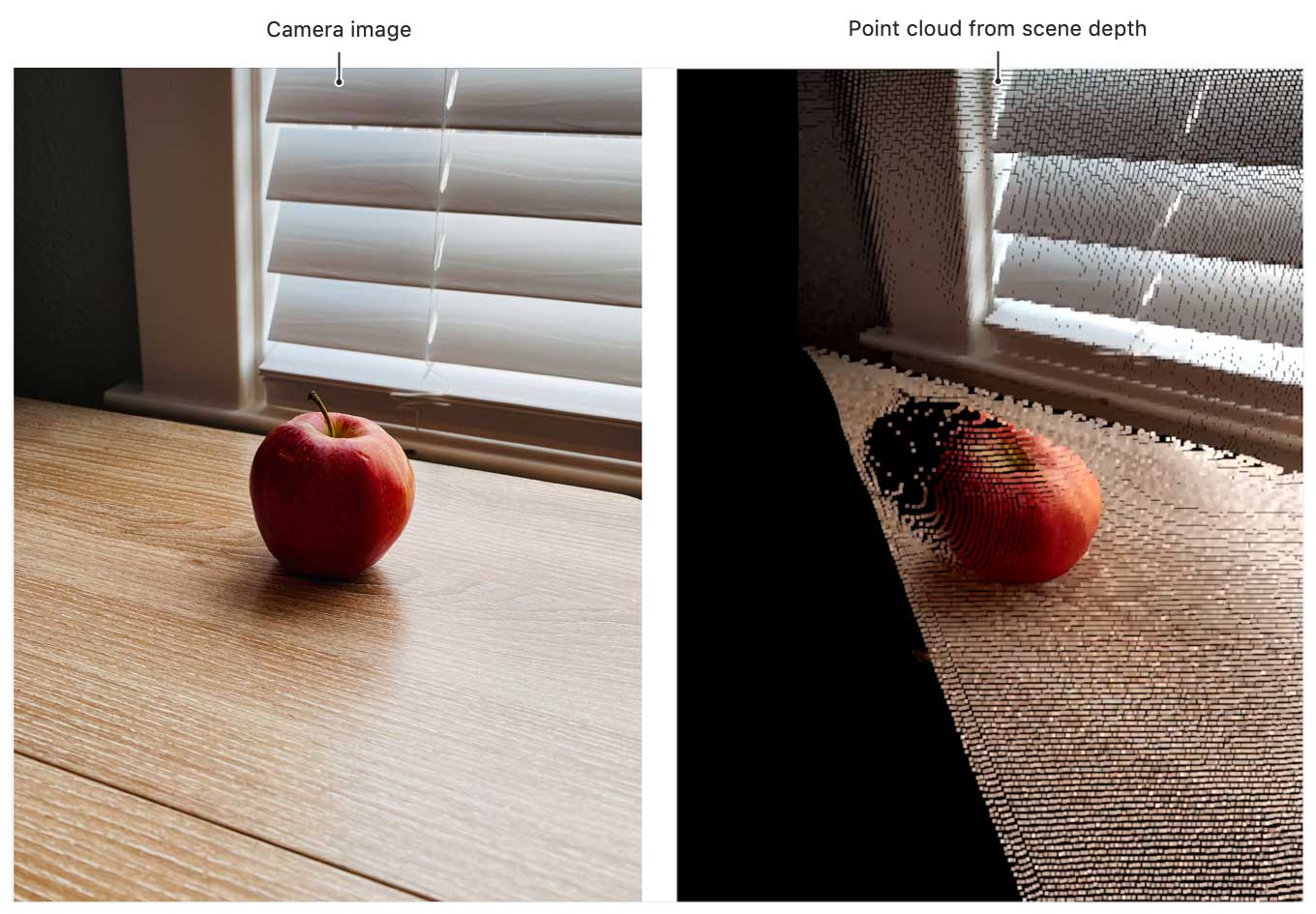 A figure that compares the look of the physical environment with the app's display. An image on the left, labeled "Camera image," depicts the physical environment as viewed by the device's camera; an apple rests on a desk by a window with blinds that are half open. An image on the right, labeled "Point cloud from scene depth," depicts a stippling of dots on a black background that models the look of the physical environment. The stippling tips 45 degrees around the y-axis to reveal an area behind the apple that's dark because it contains no dots.