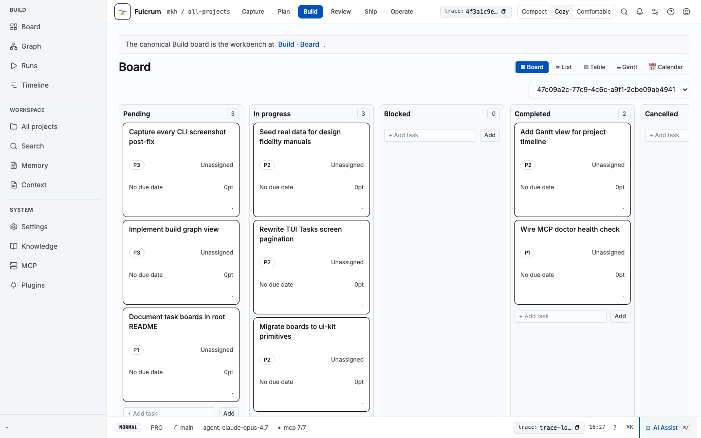 Workspace boards across 5 columns