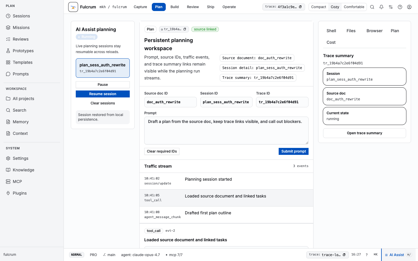 Plan stage with active AI Assist session and traffic stream