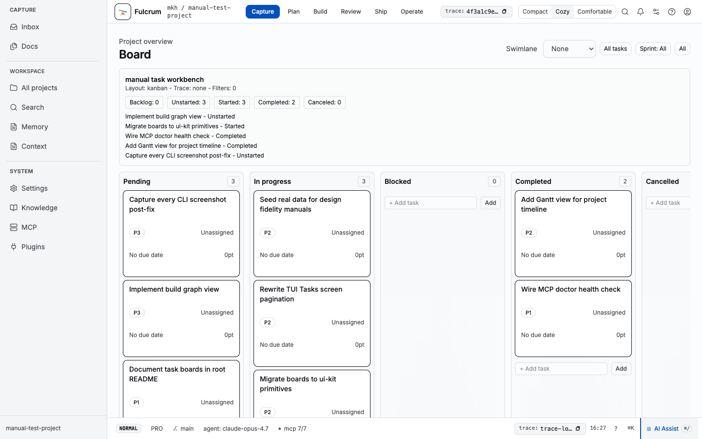 Per-project board with manual workbench summary