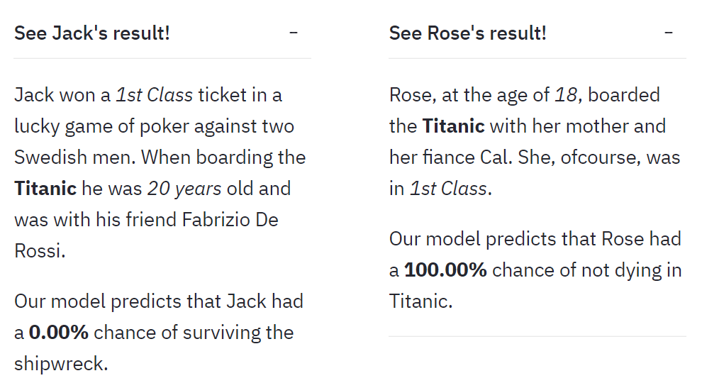 Results for Jack and Rose