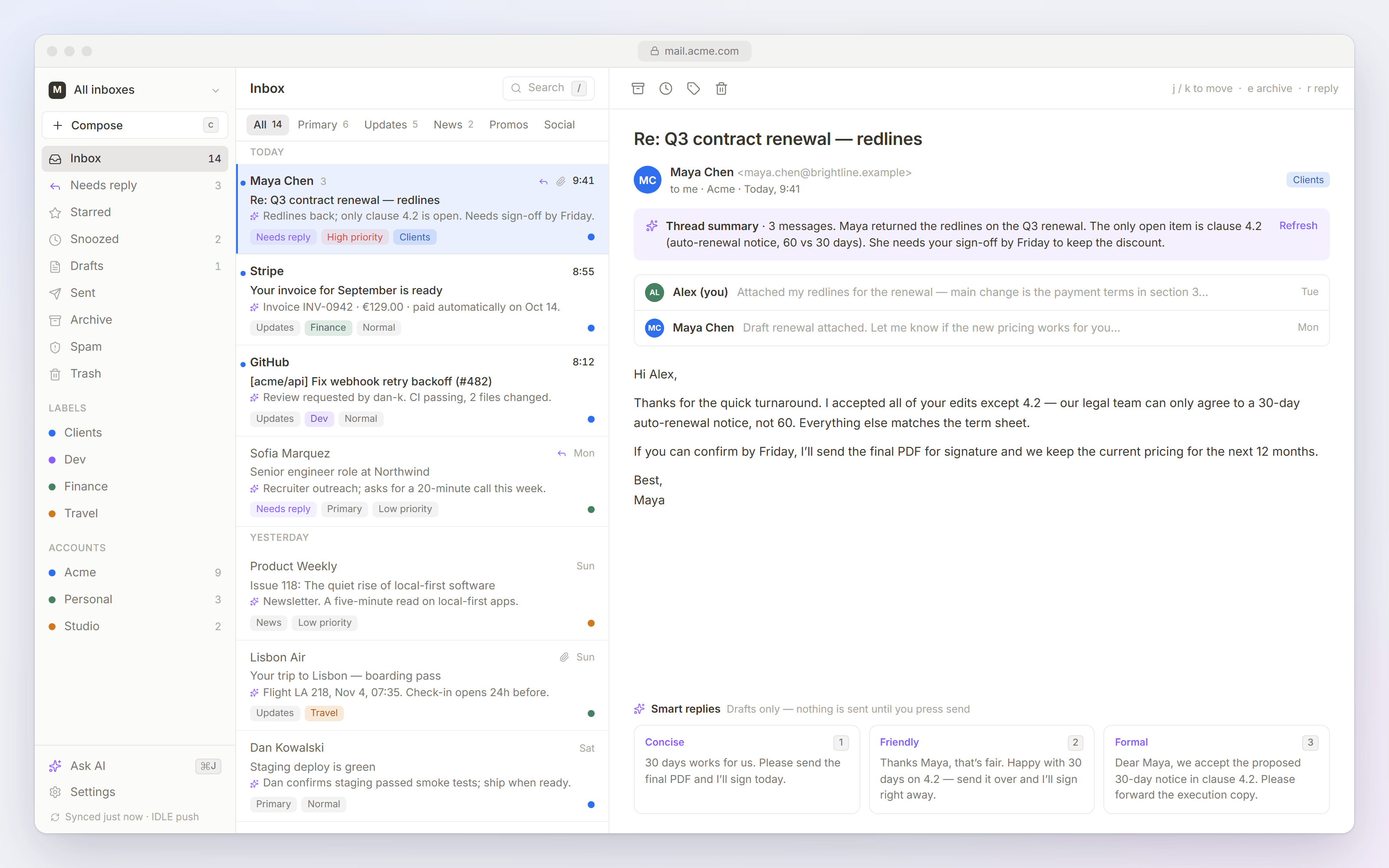 Mailmomo inbox with AI triage, thread summary and smart replies