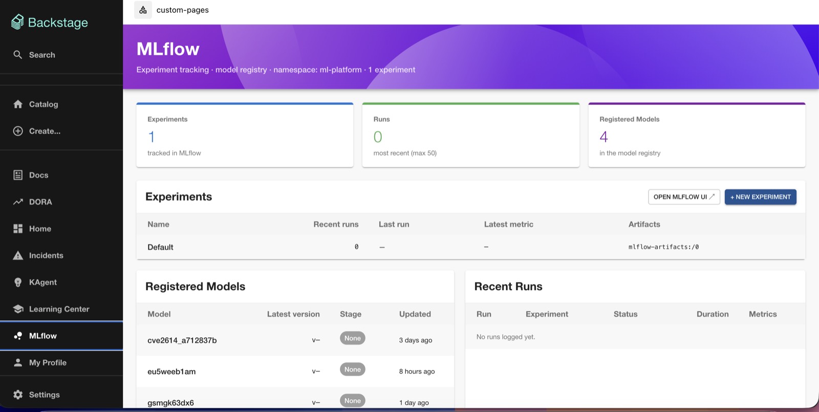 MLflow page in Backstage