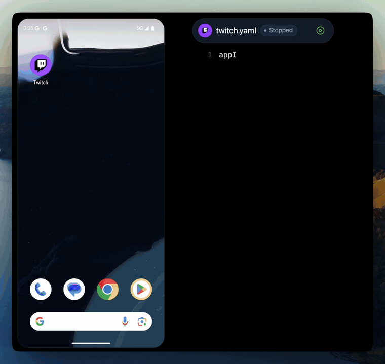A Maestro flow in plain YAML running on the Twitch Android app in an emulator