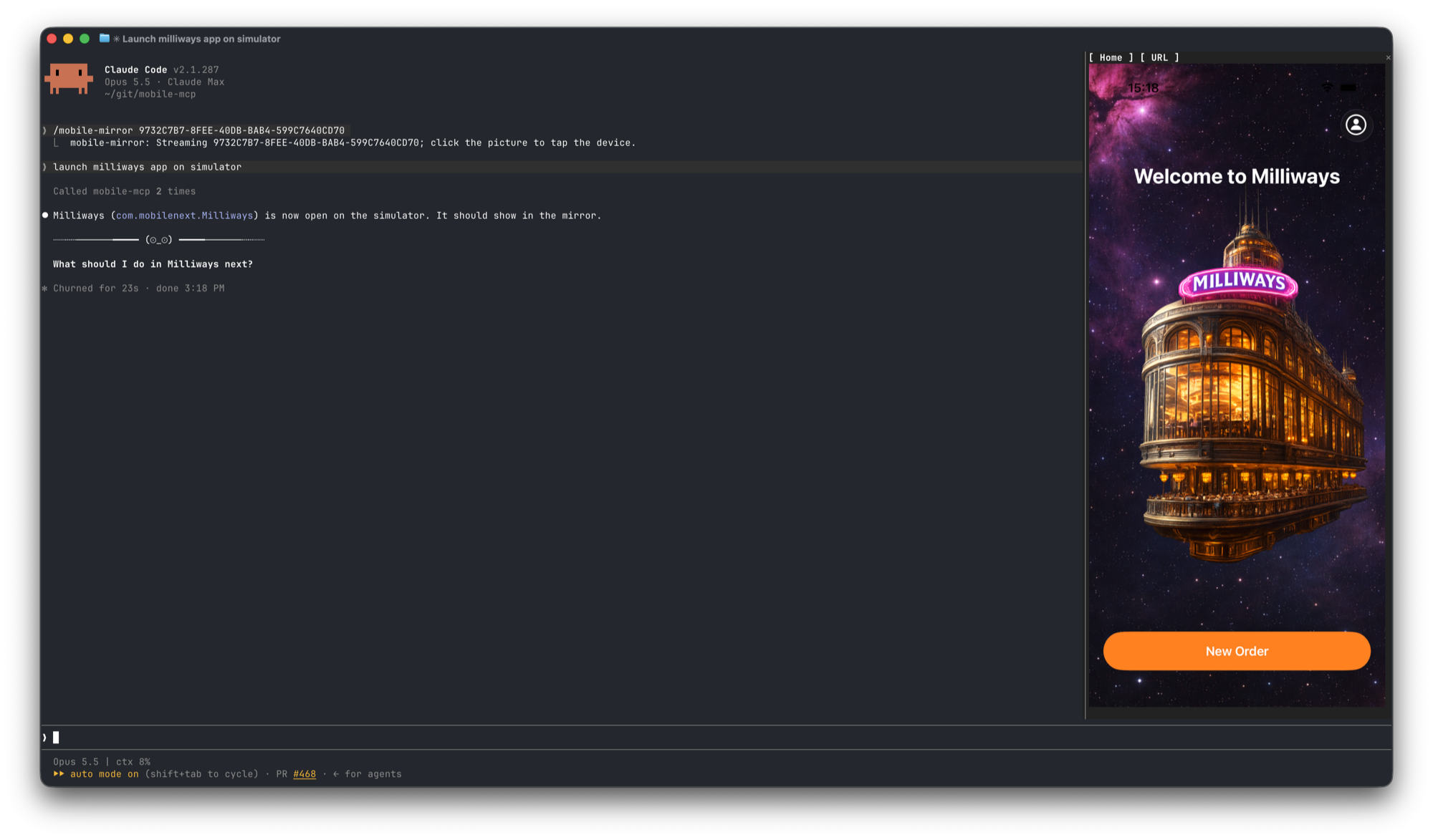 /mobile-mirror showing an iOS simulator beside a Claude Code session
