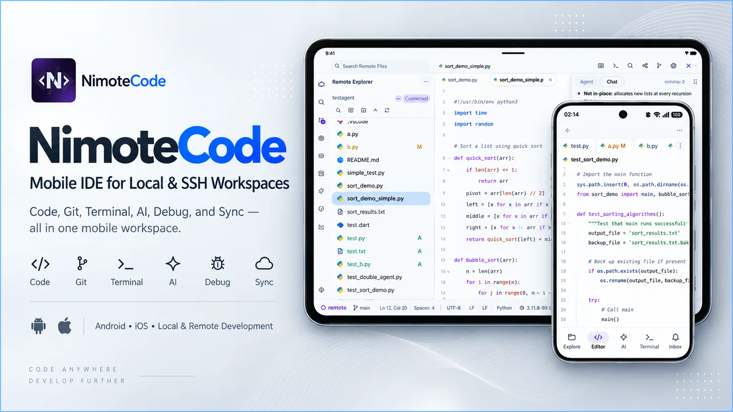 NimoteCode mobile IDE with local and SSH workspaces on tablet and phone