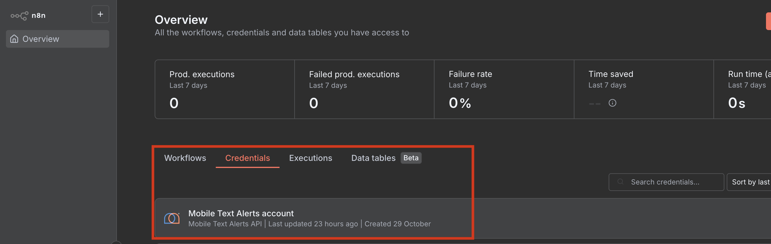 n8n credentials section