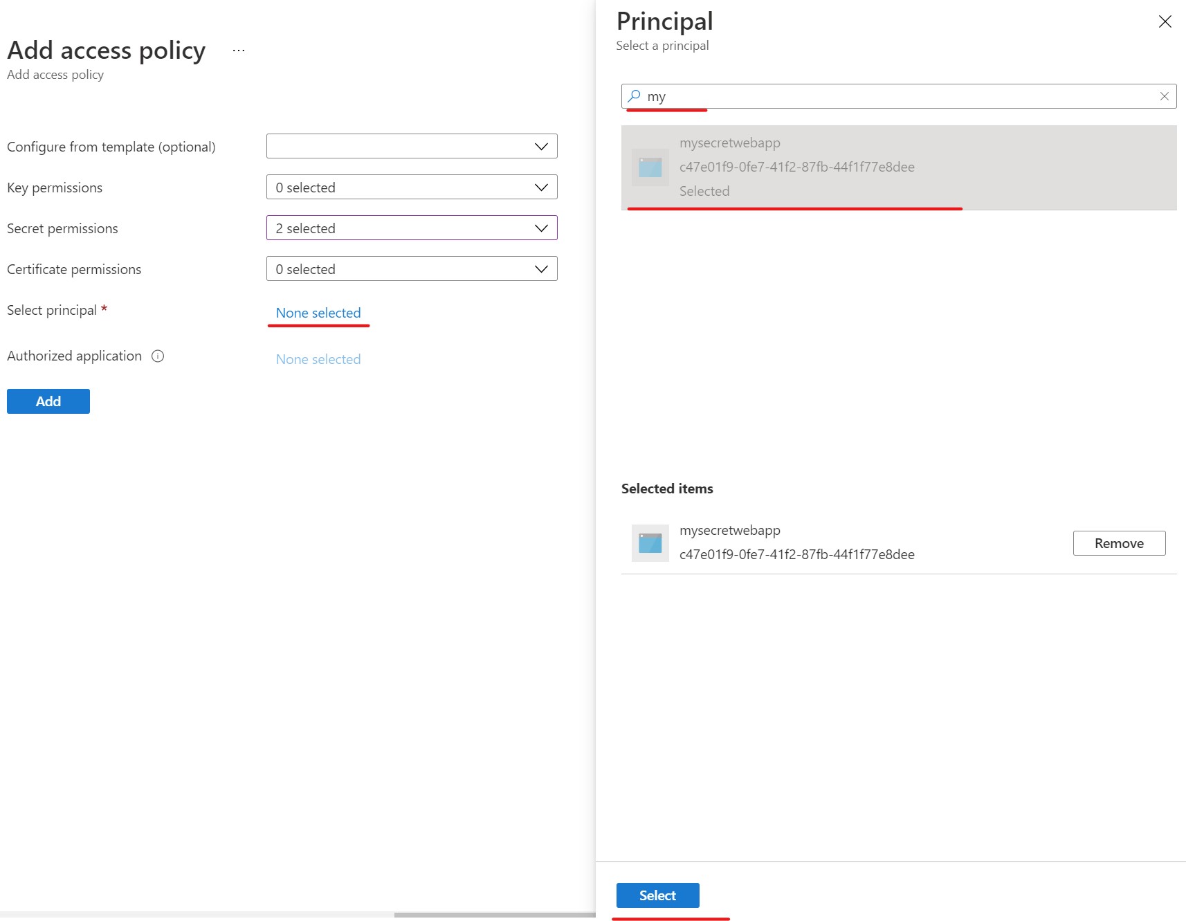 select principal for add access policy screen