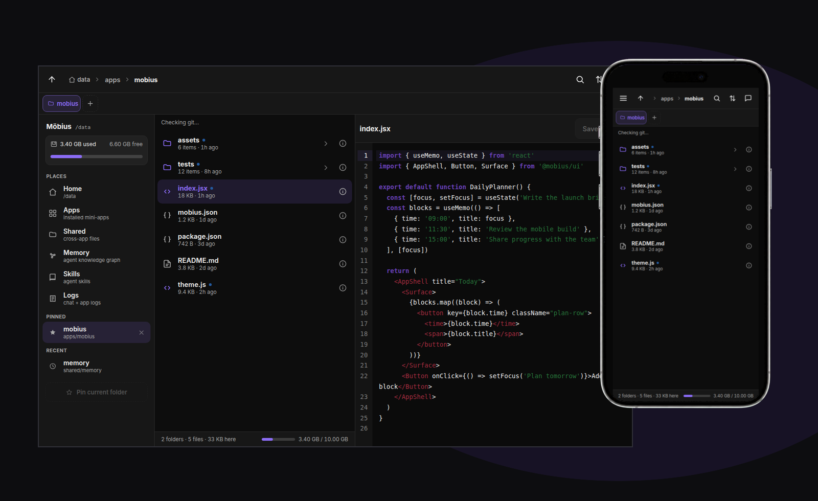 Editor showing the same app project across web and iPhone
