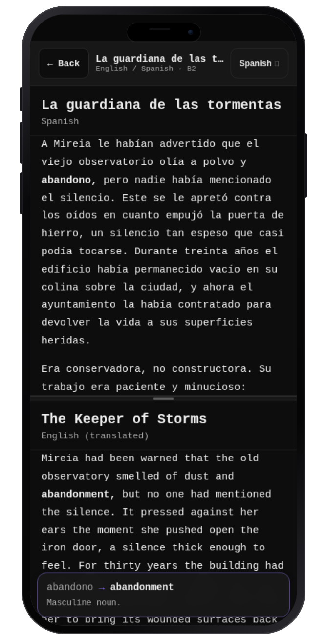 Tandem showing a bilingual story with a selected word translated on an iPhone