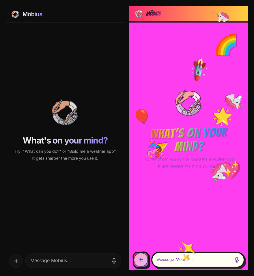Möbius in its default theme and a custom expressive theme