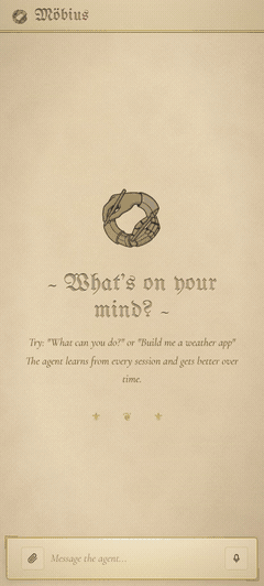 The same Möbius new-chat screen cycling through several themes the agent built, ending on a meme theme