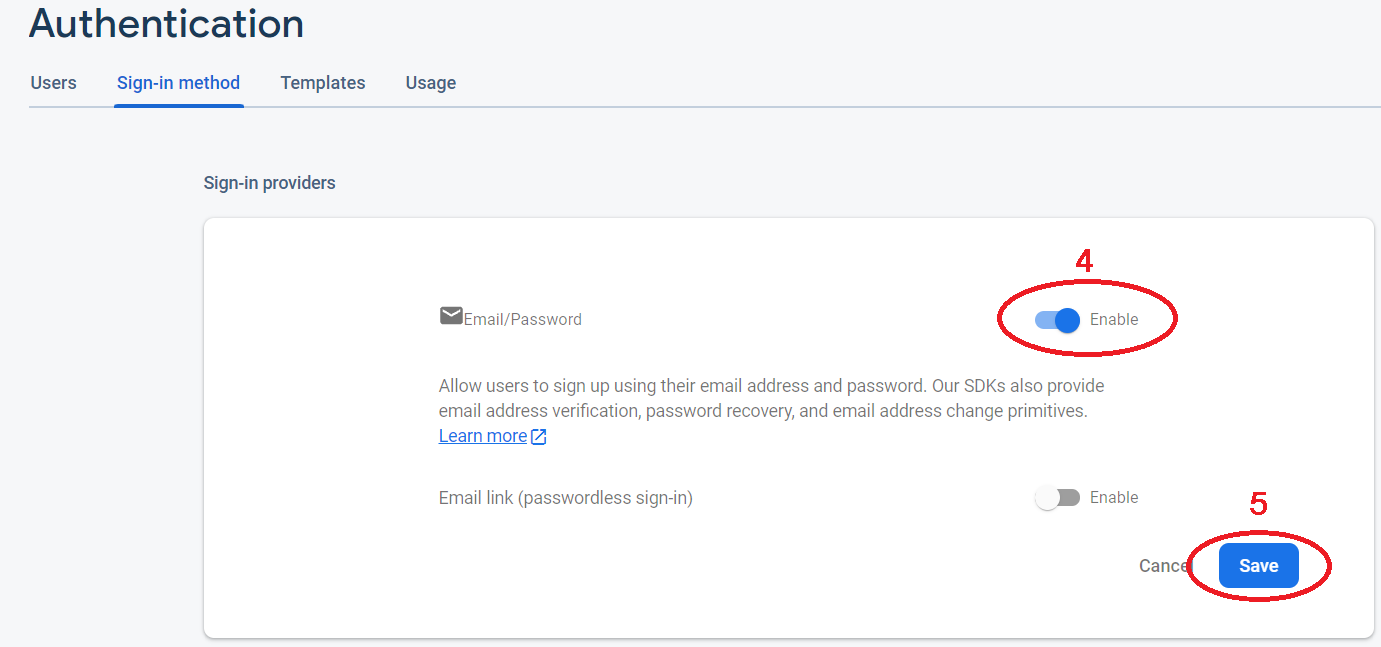Enable Email/Password Sign-in provider