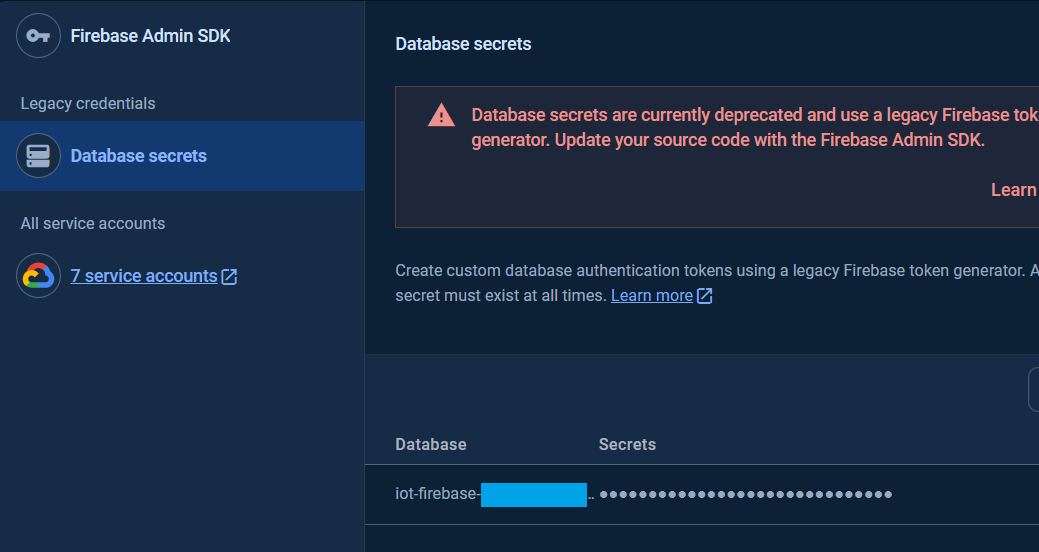 Realtime Database Database Secret Table