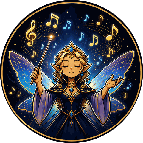 A circular emblem showing a fairy conductor raising a baton as musical notes drift upward