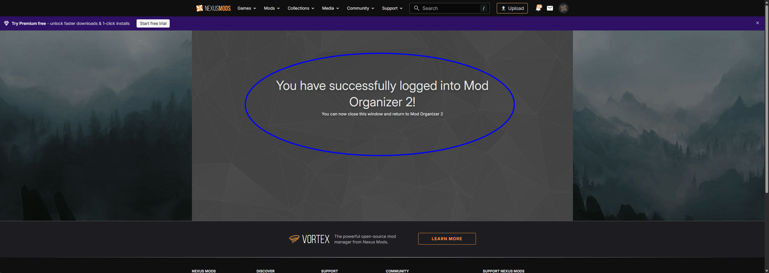 Inicio de sesión exitoso en Nexus Mods