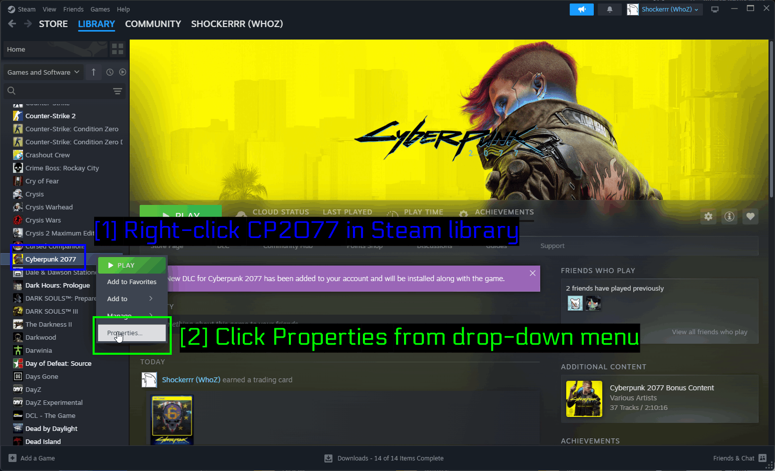 Propiedades de Cyberpunk 2077 en Steam
