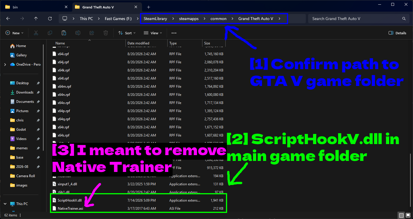 ゲームフォルダ内のScript Hook Vファイル