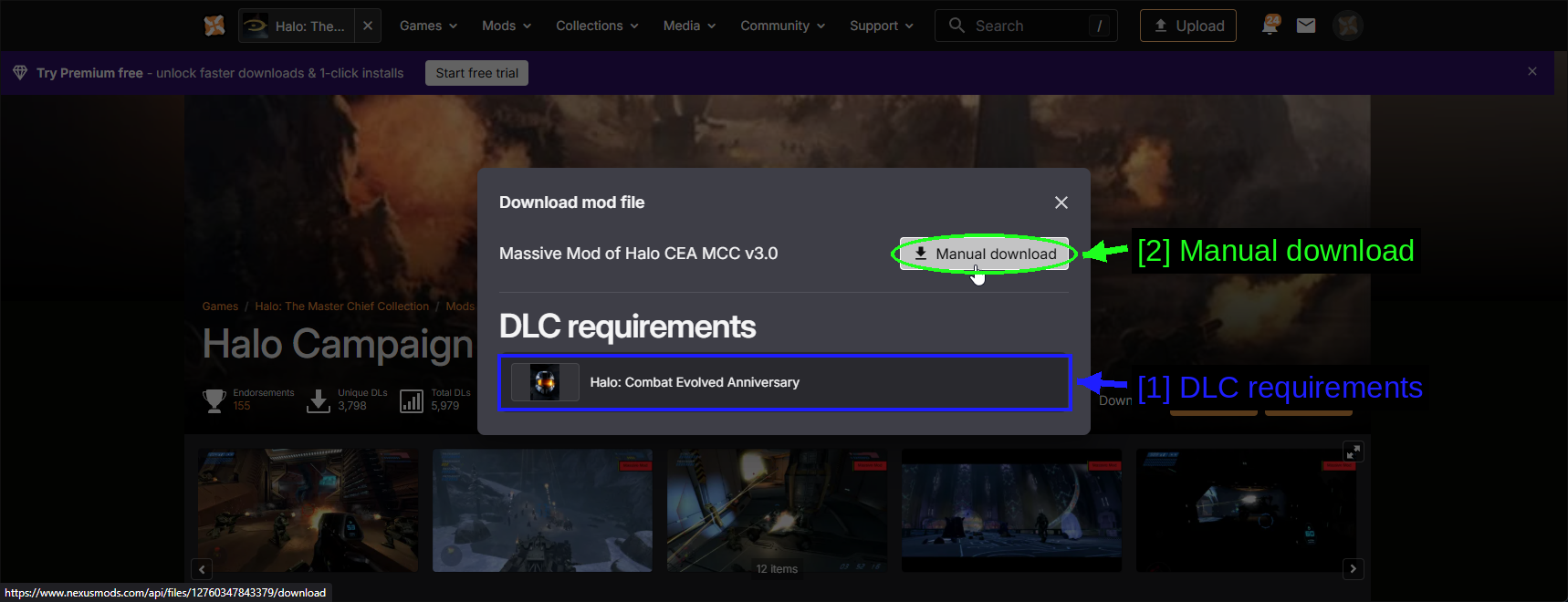 El cuadro de diálogo de descarga en Nexus Mods