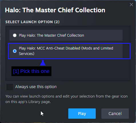 Las opciones de inicio de MCC en Steam