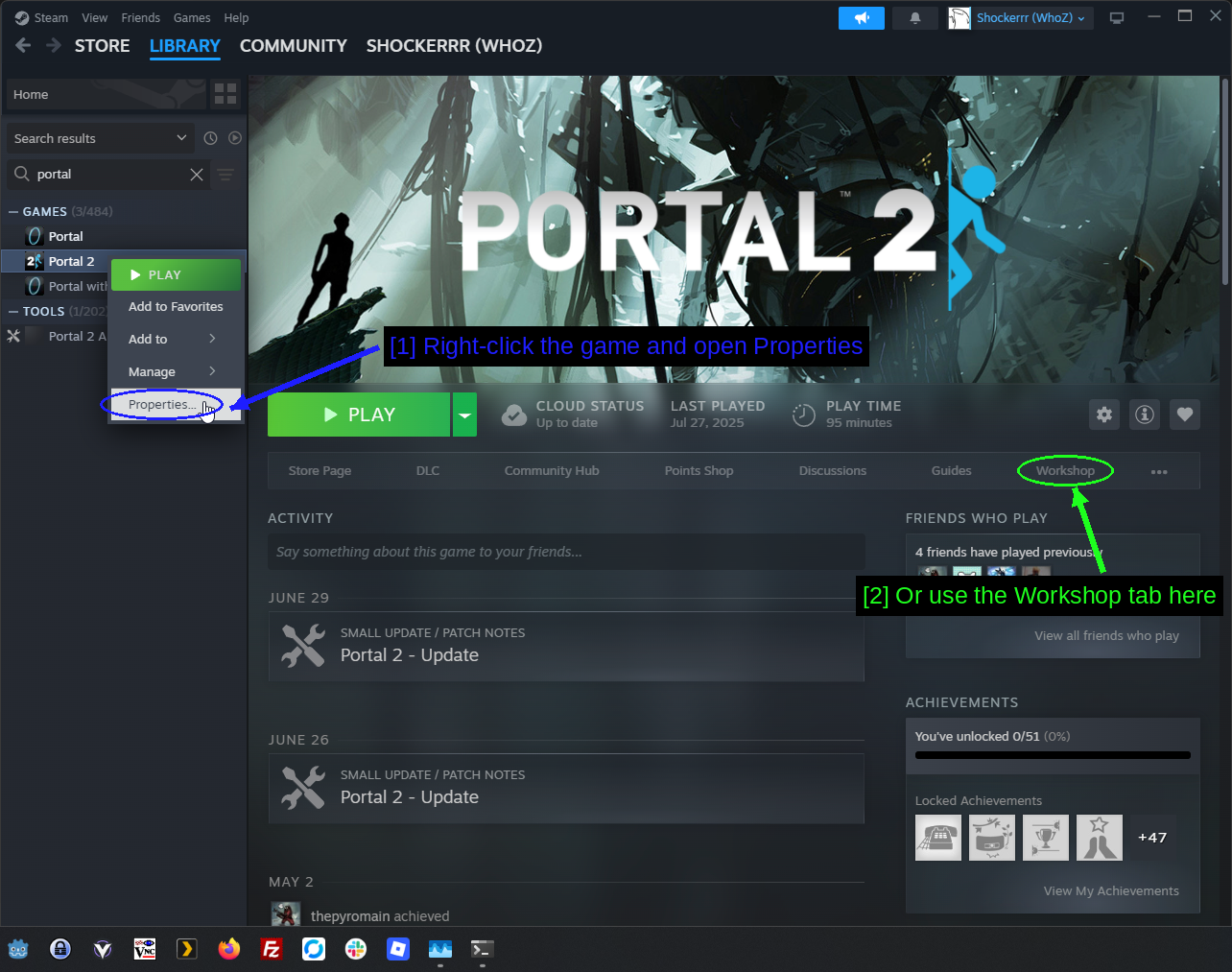 Öffnen der Eigenschaften von Portal 2 in Steam