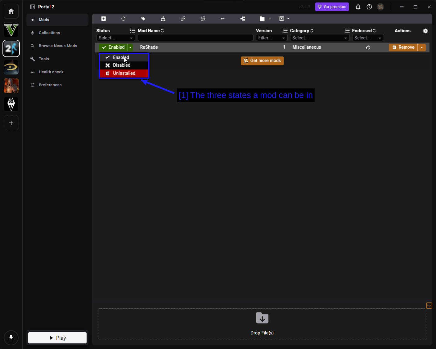 Das Status-Dropdown in Vortex