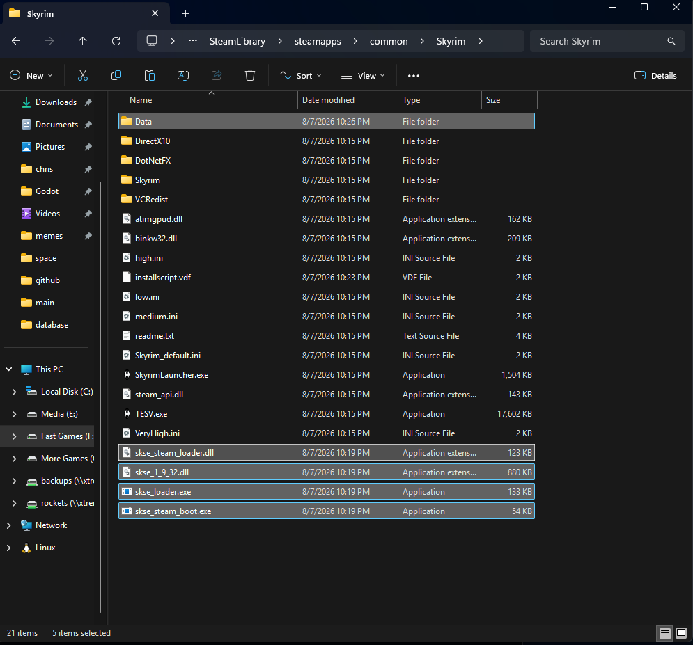 SKSE Files In The Skyrim Folder