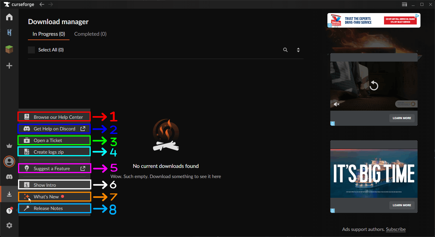 Support & Info Menu