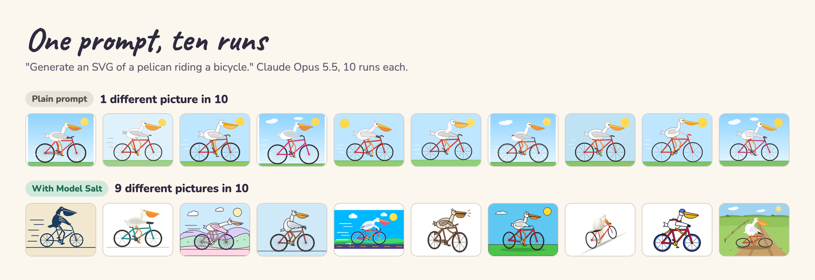 Ten runs of "Generate an SVG of a pelican riding a bicycle" on Claude Opus 5.5: the plain prompt draws the same pelican ten times, with Model Salt nine of the ten pictures are different