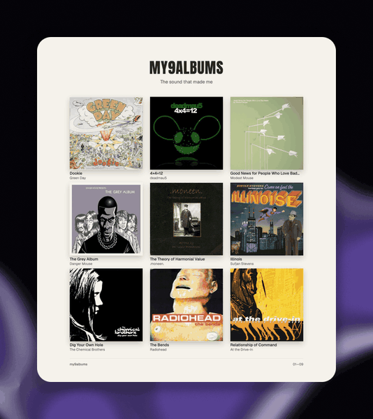 Light and dark album galleries with rounded padding and an animated violet Lava backdrop