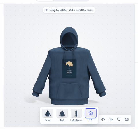 Mockup Studio: a hoodie in 3D, spinning, then a sleeve lifted with the fabric pull tool