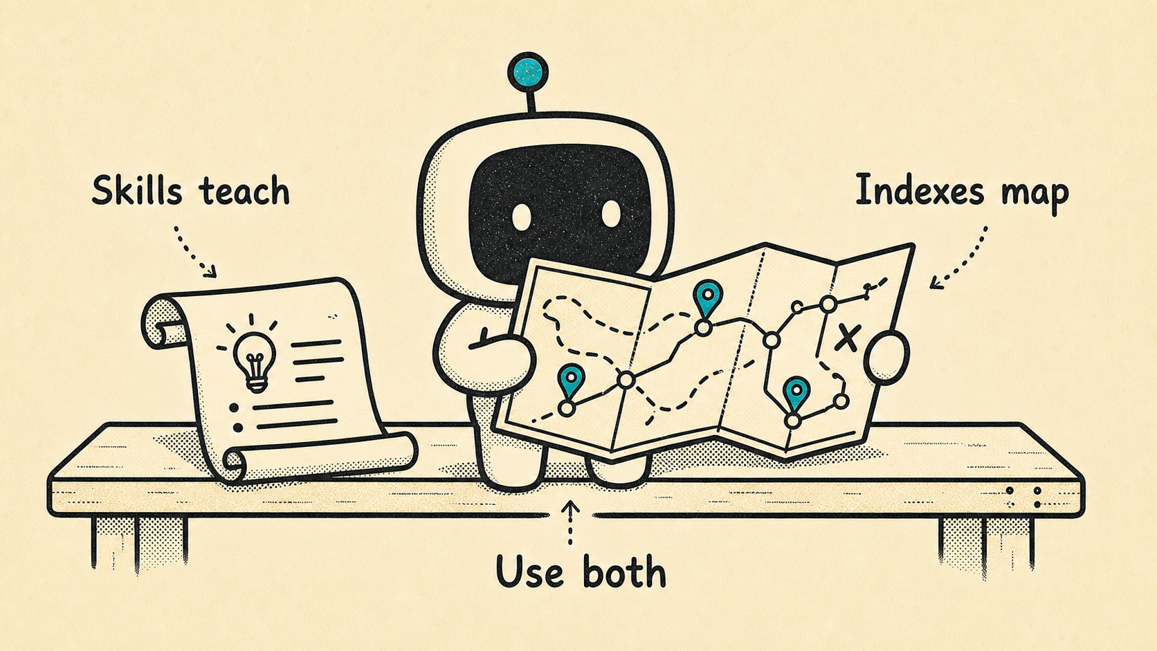 Skills teach intent, command indexes map the real surface