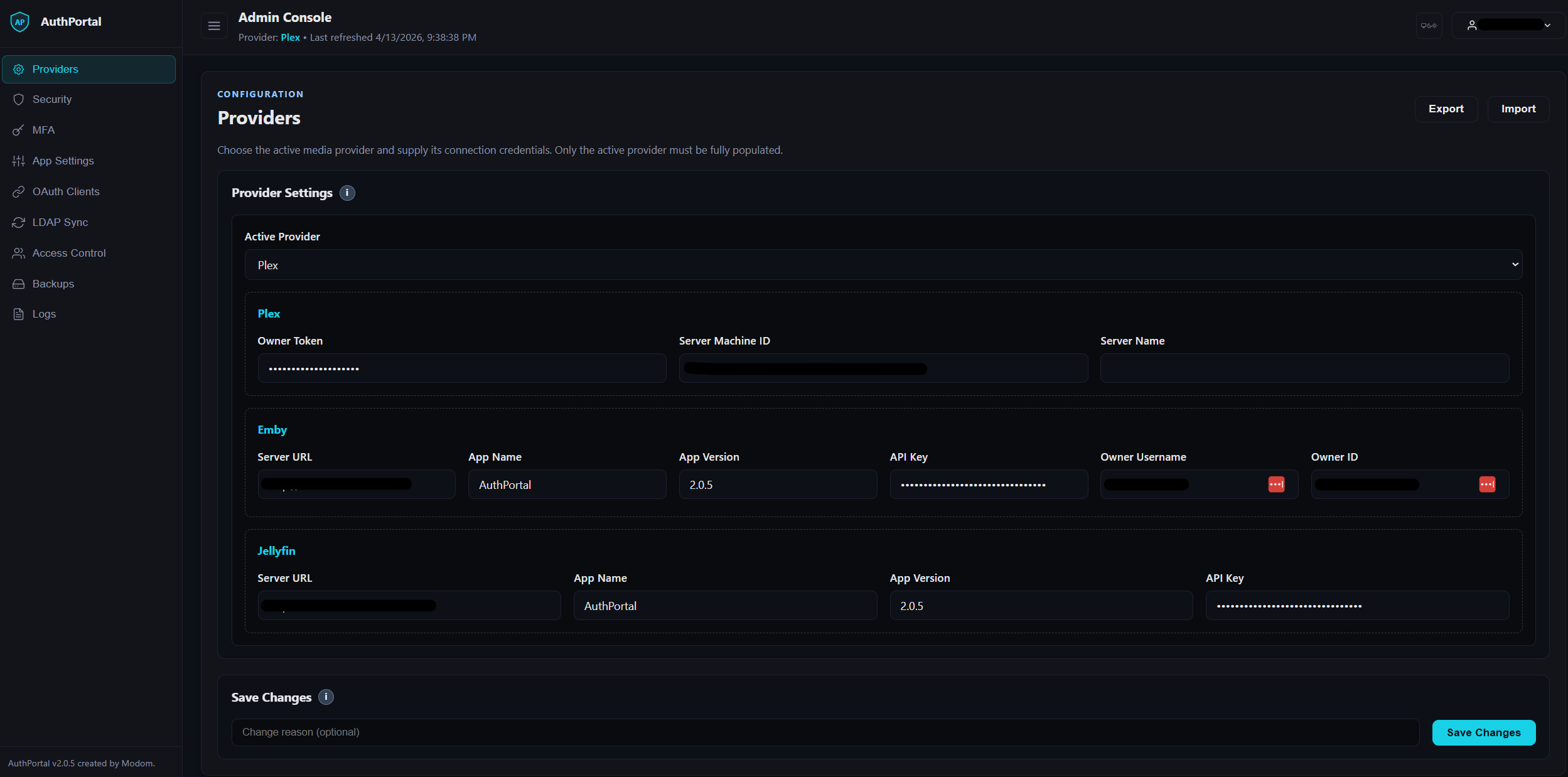 AuthPortal UI preview showing dark theme.