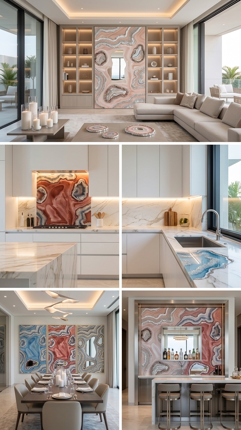 Geode statement panels in a luxury home — living-room feature wall, kitchen backsplash, dining panels and bar