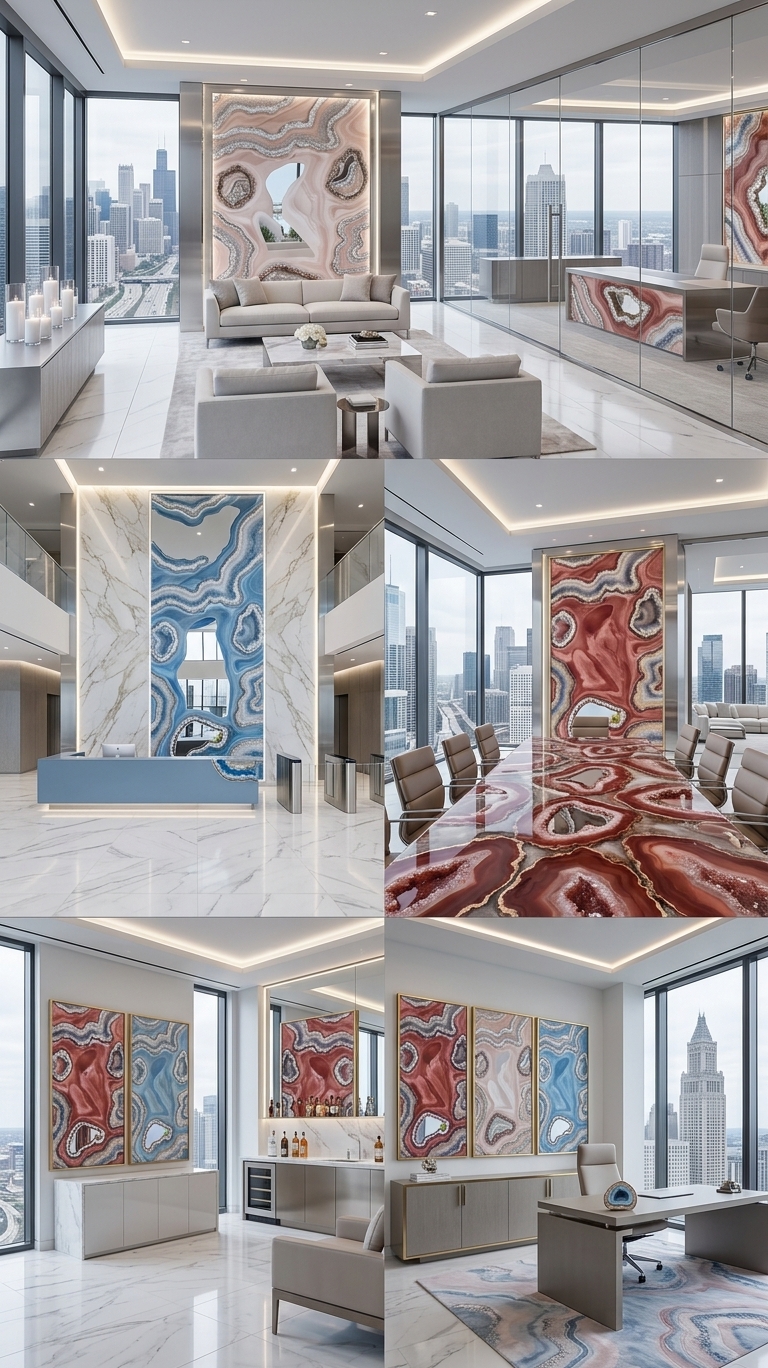 Geode statement panels in corporate spaces — executive office, lobby reception, boardroom and private office