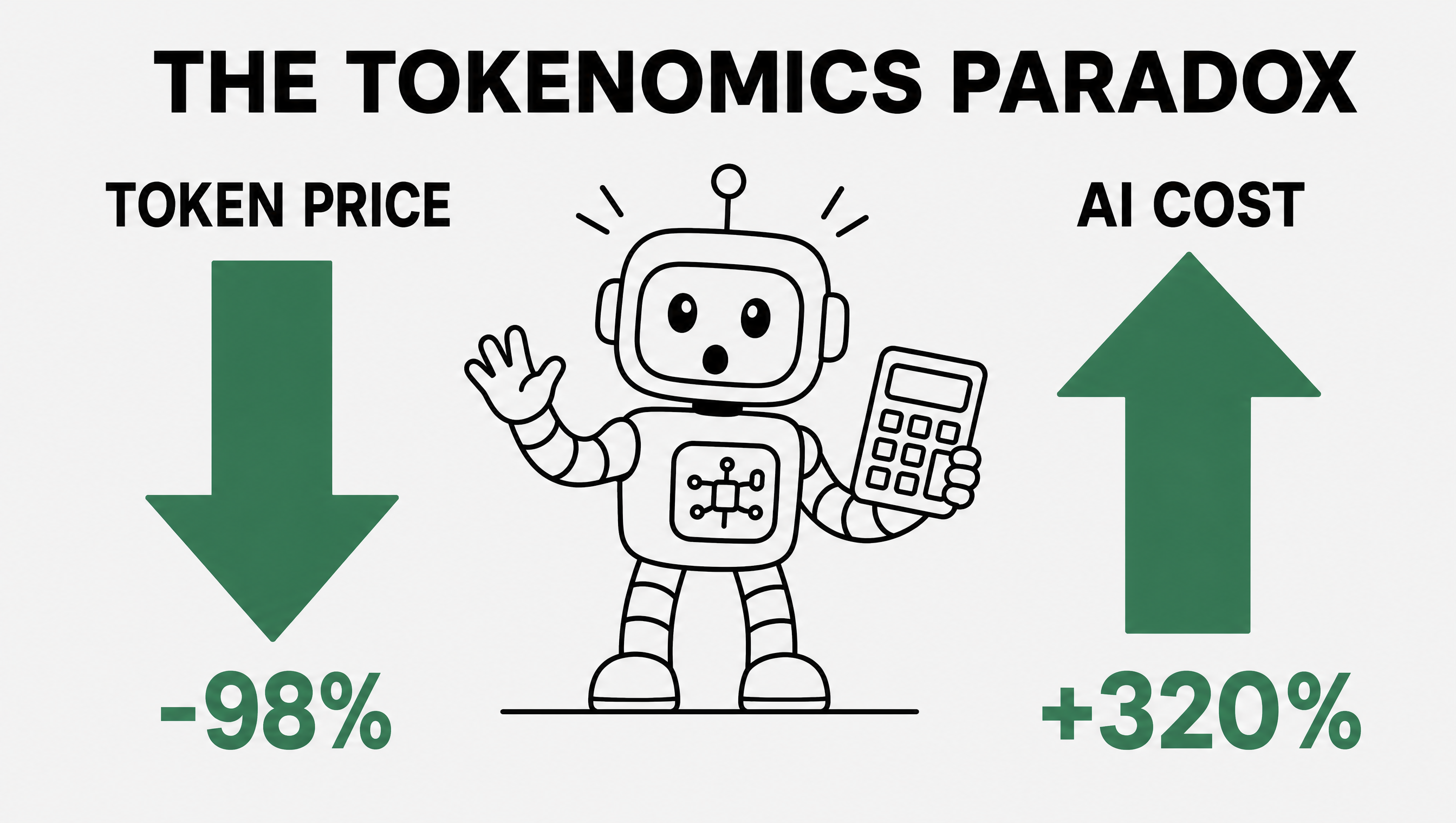 The Tokenomics Paradox — price down 98%, spend up 320%. The response: measure → route → diet → stop