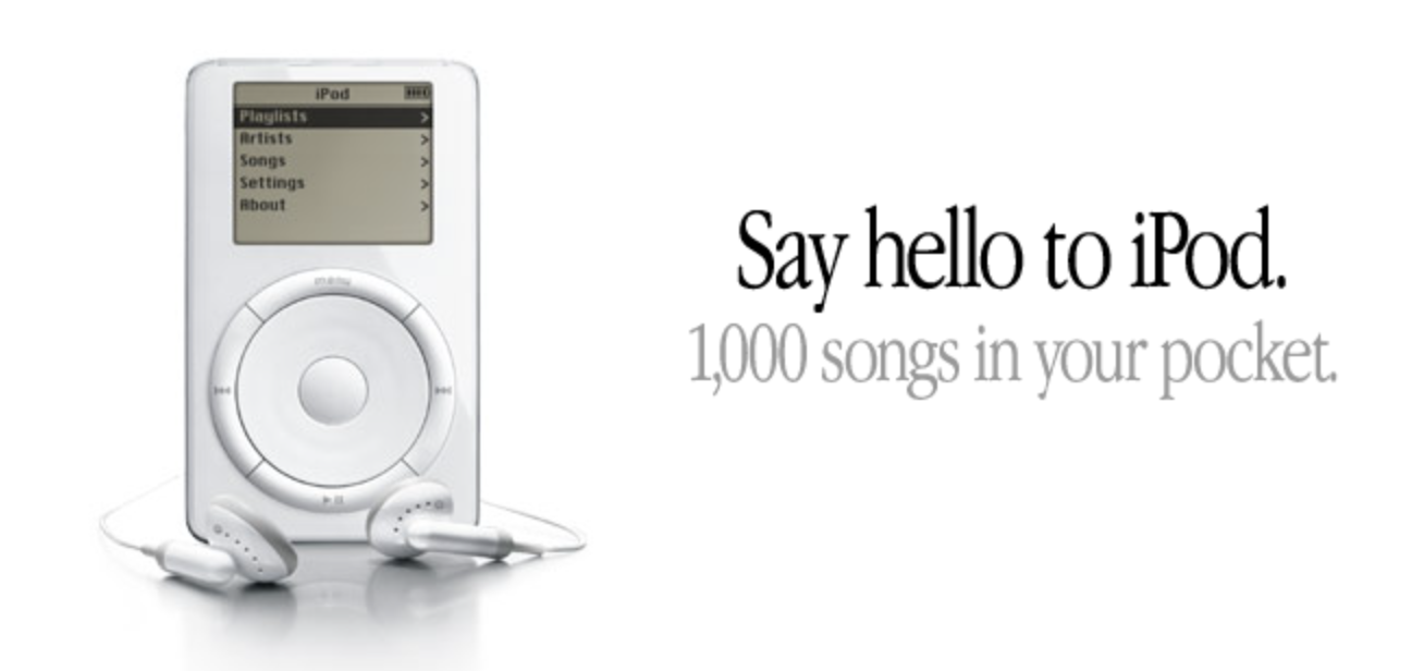 La homepage di apple.com dopo il lancio del primo iPod nel 2001.