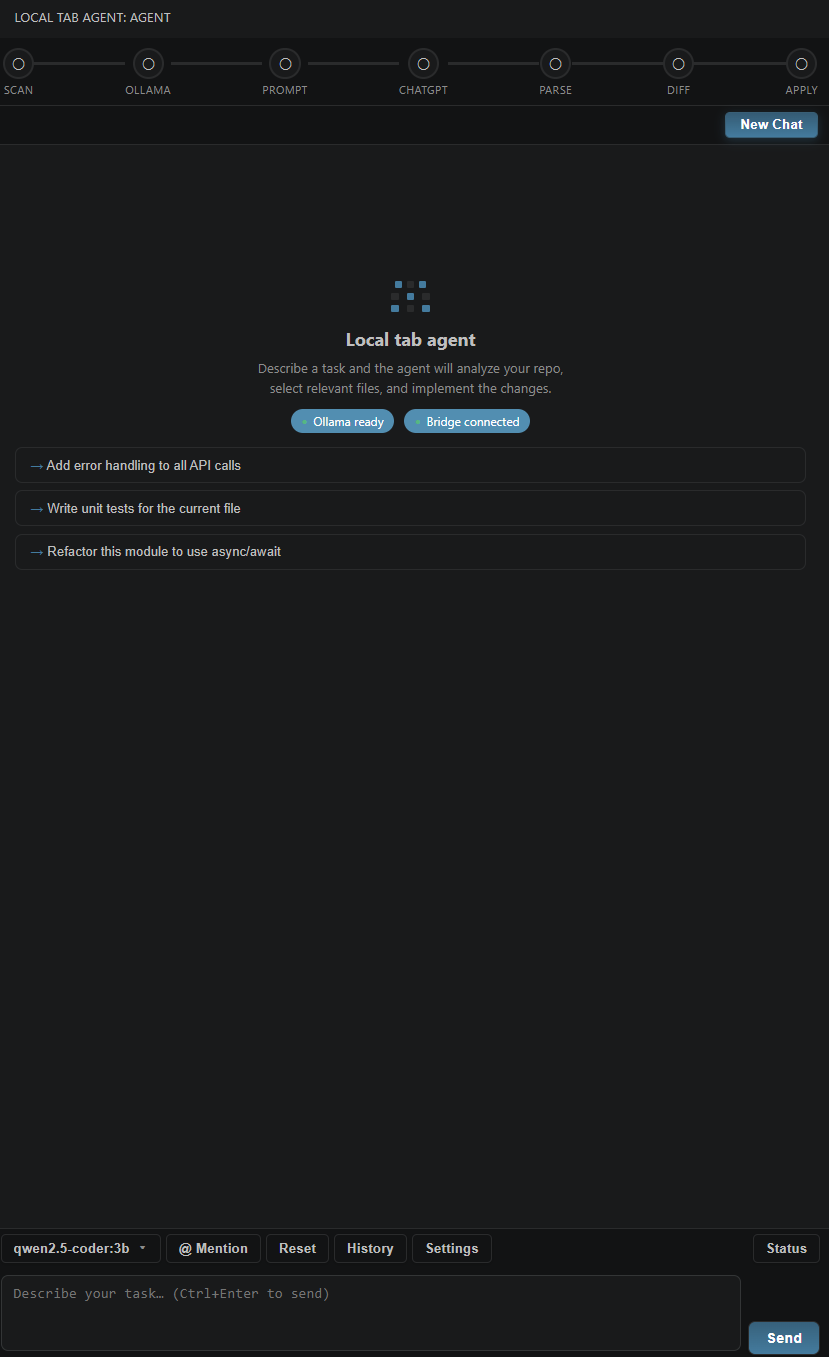 Local tab agent sidebar — ready state