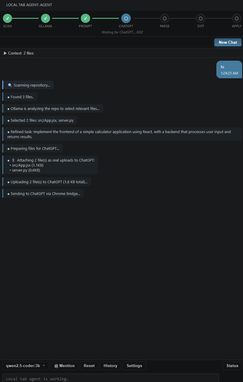 Local tab agent sidebar — scan and ChatGPT bridge in progress