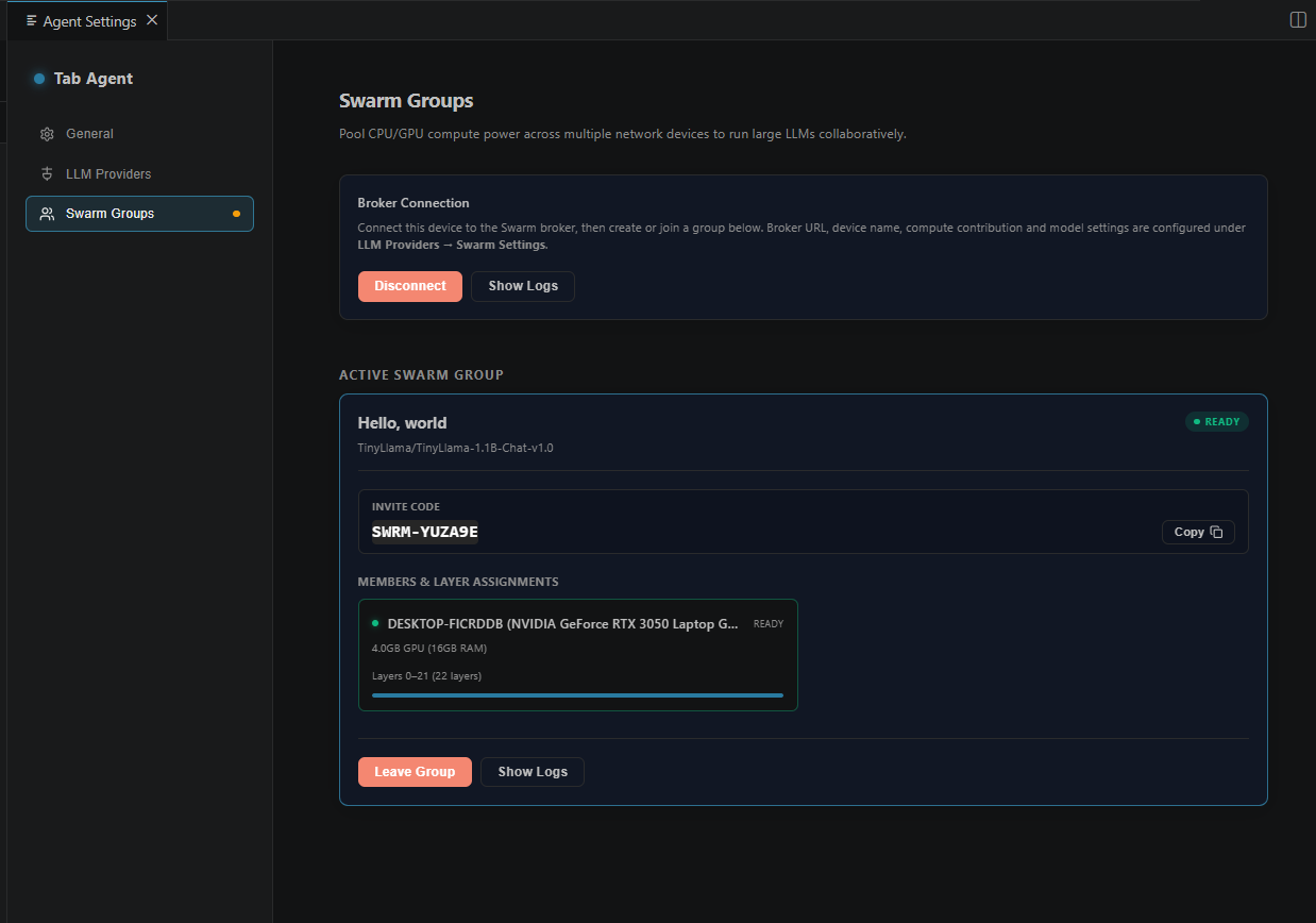 Local tab agent Swarm Groups configuration and member dashboard