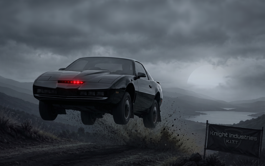 the car mid-jump on a storm-lit ridge, scanner lit