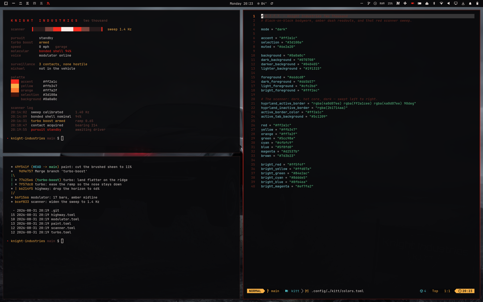 The theme across a terminal readout, a git graph, and colors.toml in Neovim