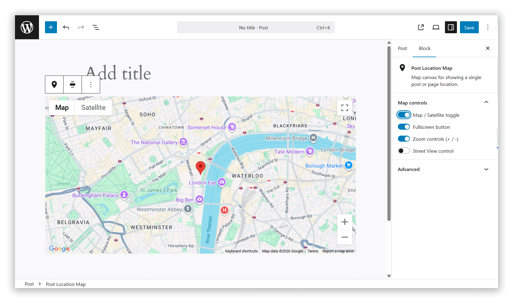 Single Map Block – Display a saved location on the front end